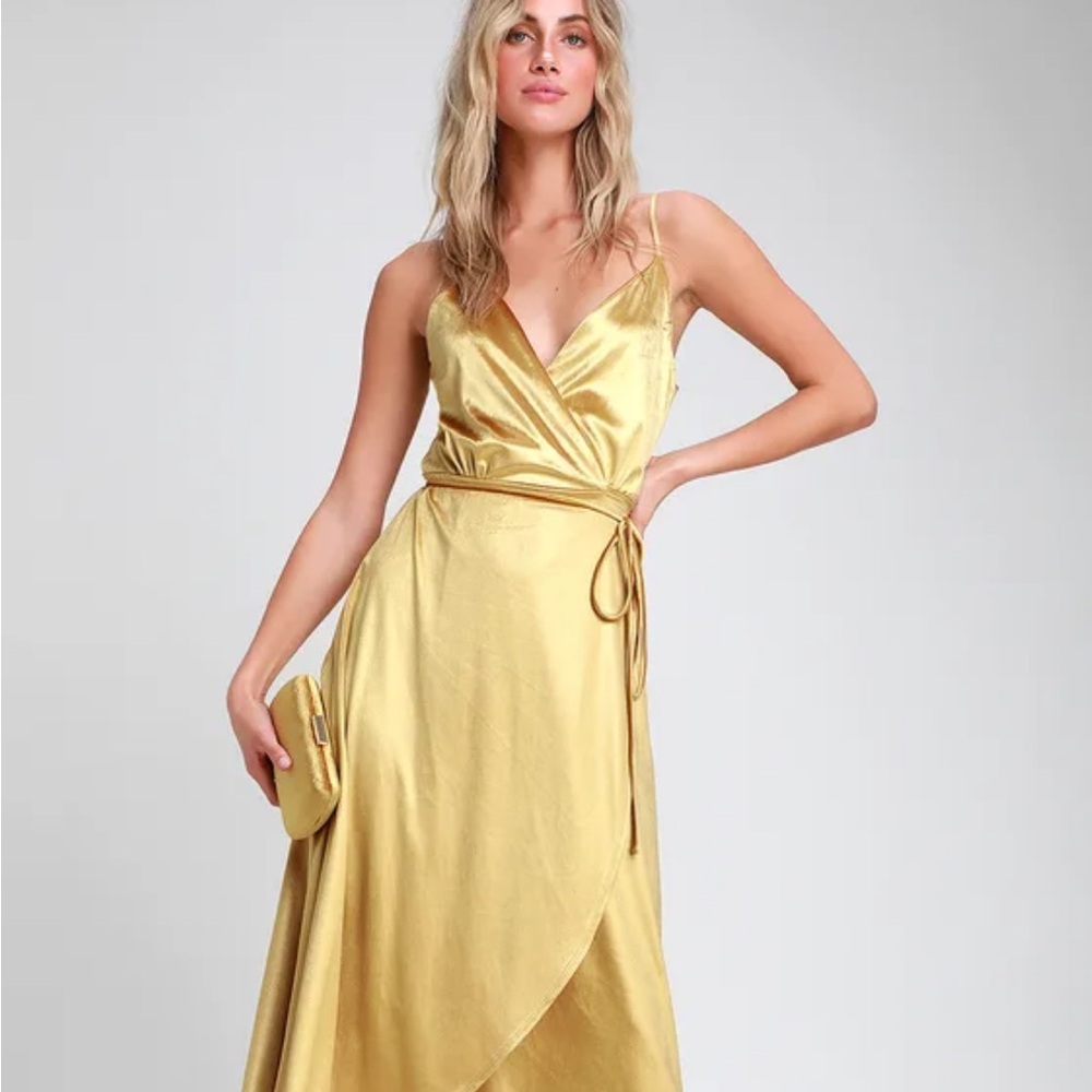 Lulu’s Starlight Starbright Mustard Yellow Velvet High-Low Wrap Dress - NWT